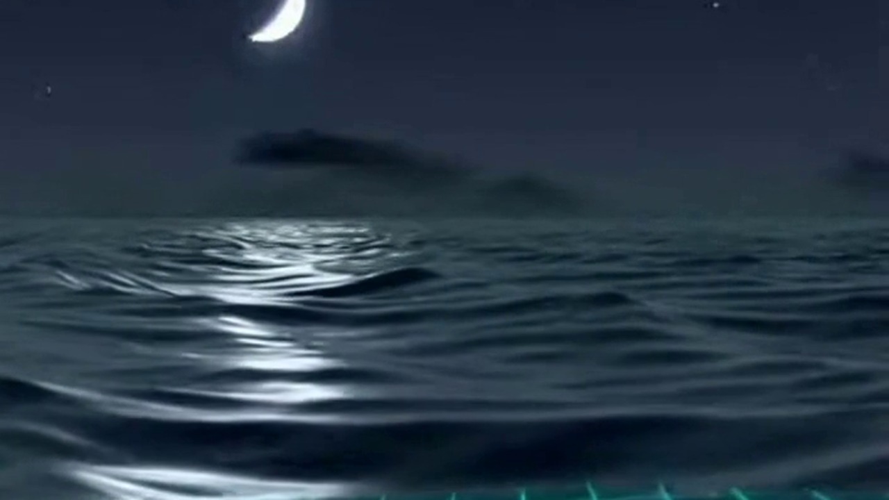 Moonlit ocean with cyan grid reflection